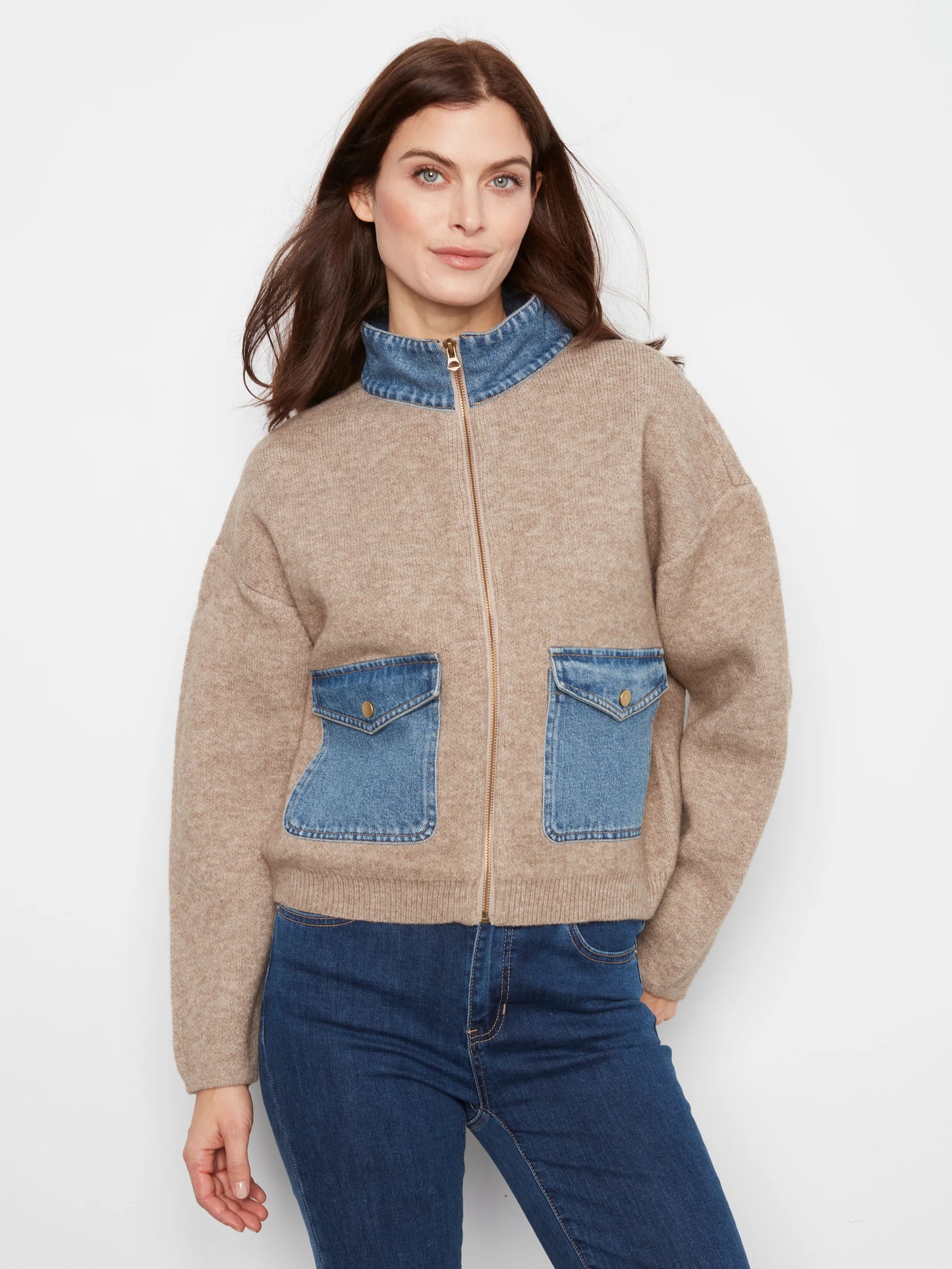 Long Sleeve Zipped Sweater Jacket With Denim Pockets & Collar C2045/716C