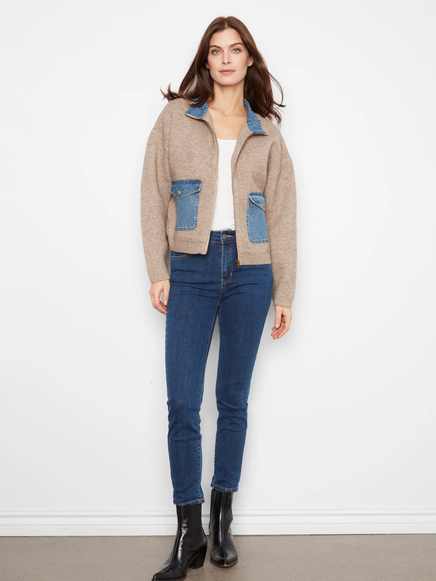 Long Sleeve Zipped Sweater Jacket With Denim Pockets & Collar C2045/716C