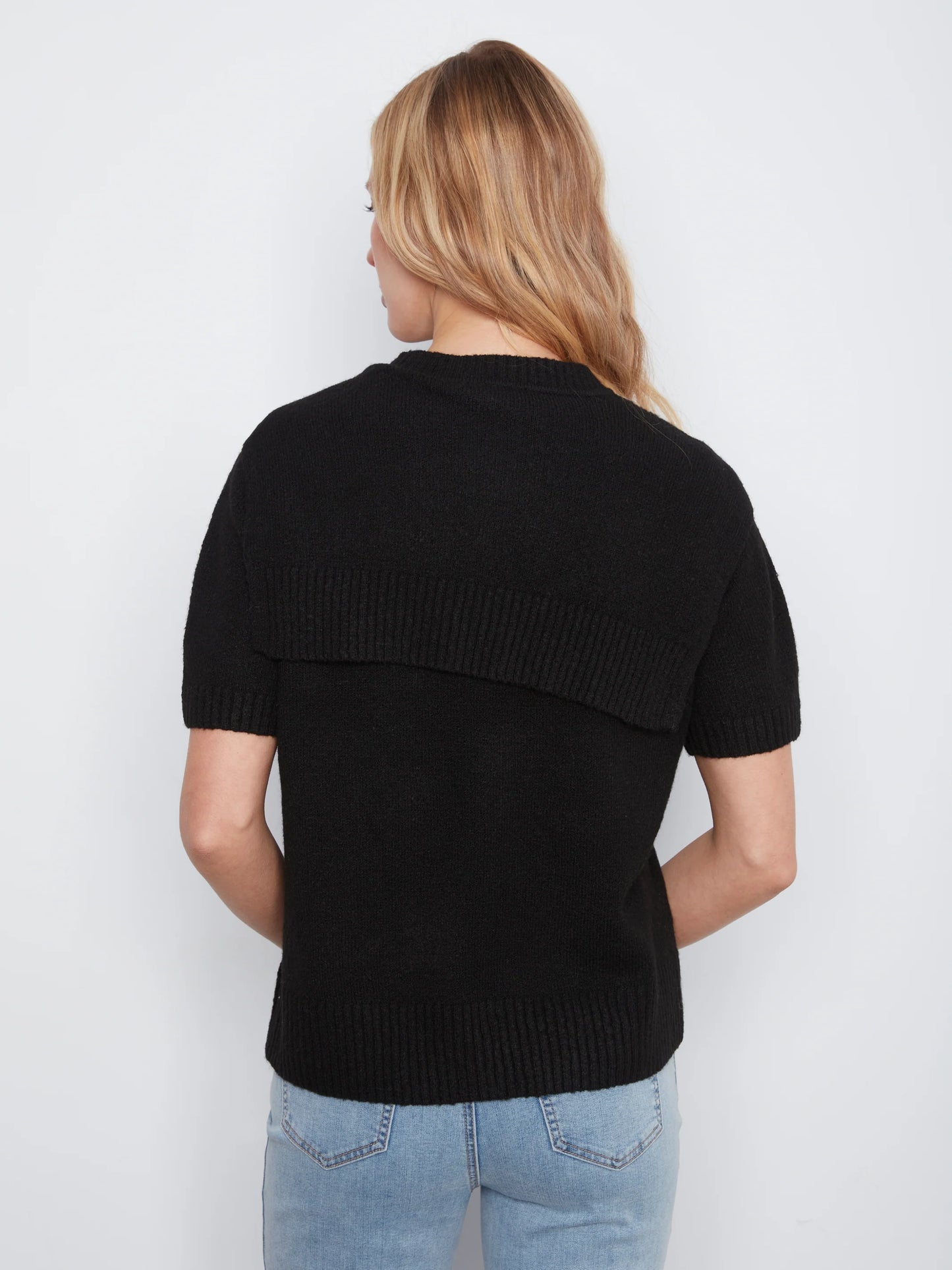 Short Sleeve Crew Neck Sweater With Combined Sleeves Detail C2069/690C BLACK