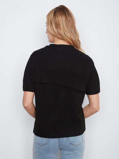 Short Sleeve Crew Neck Sweater With Combined Sleeves Detail C2069/690C BLACK