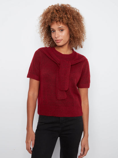 Short Sleeve Crew Neck Sweater With Combined Sleeves Detail C2069/690C CRANBERRY