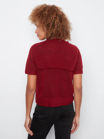 Short Sleeve Crew Neck Sweater With Combined Sleeves Detail C2069/690C CRANBERRY
