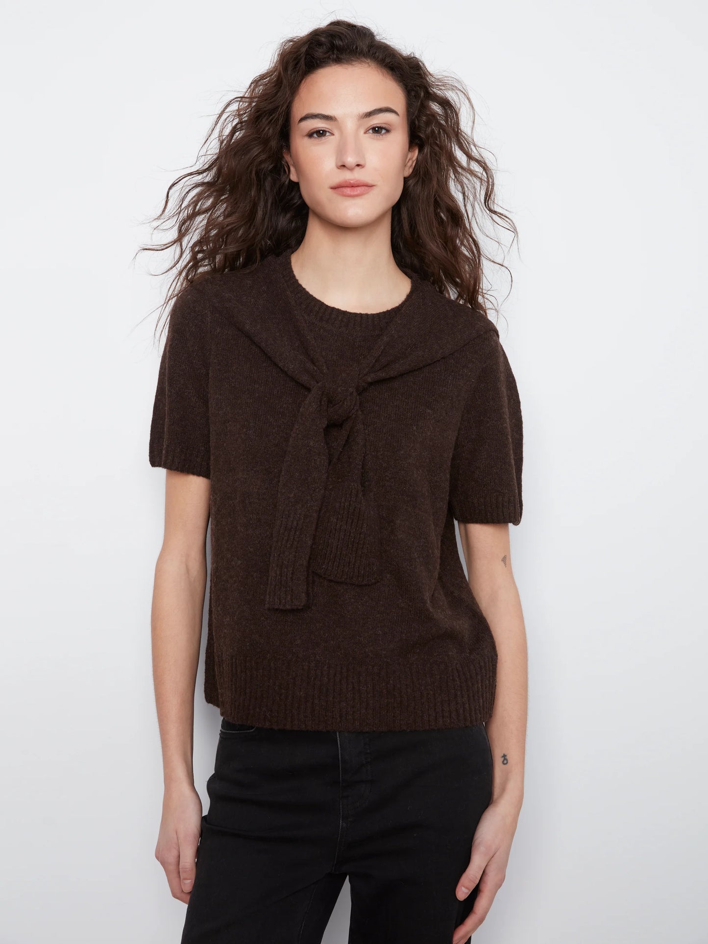 Short Sleeve Crew Neck Sweater With Combined Sleeves C2069-690C COFFEE