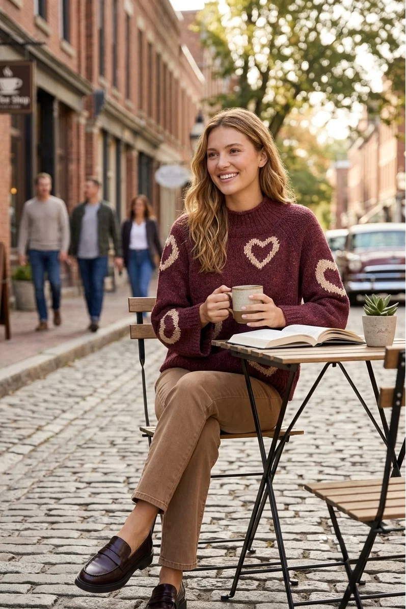High Neck Knit Sweater With Heart Placement C2071/365C
