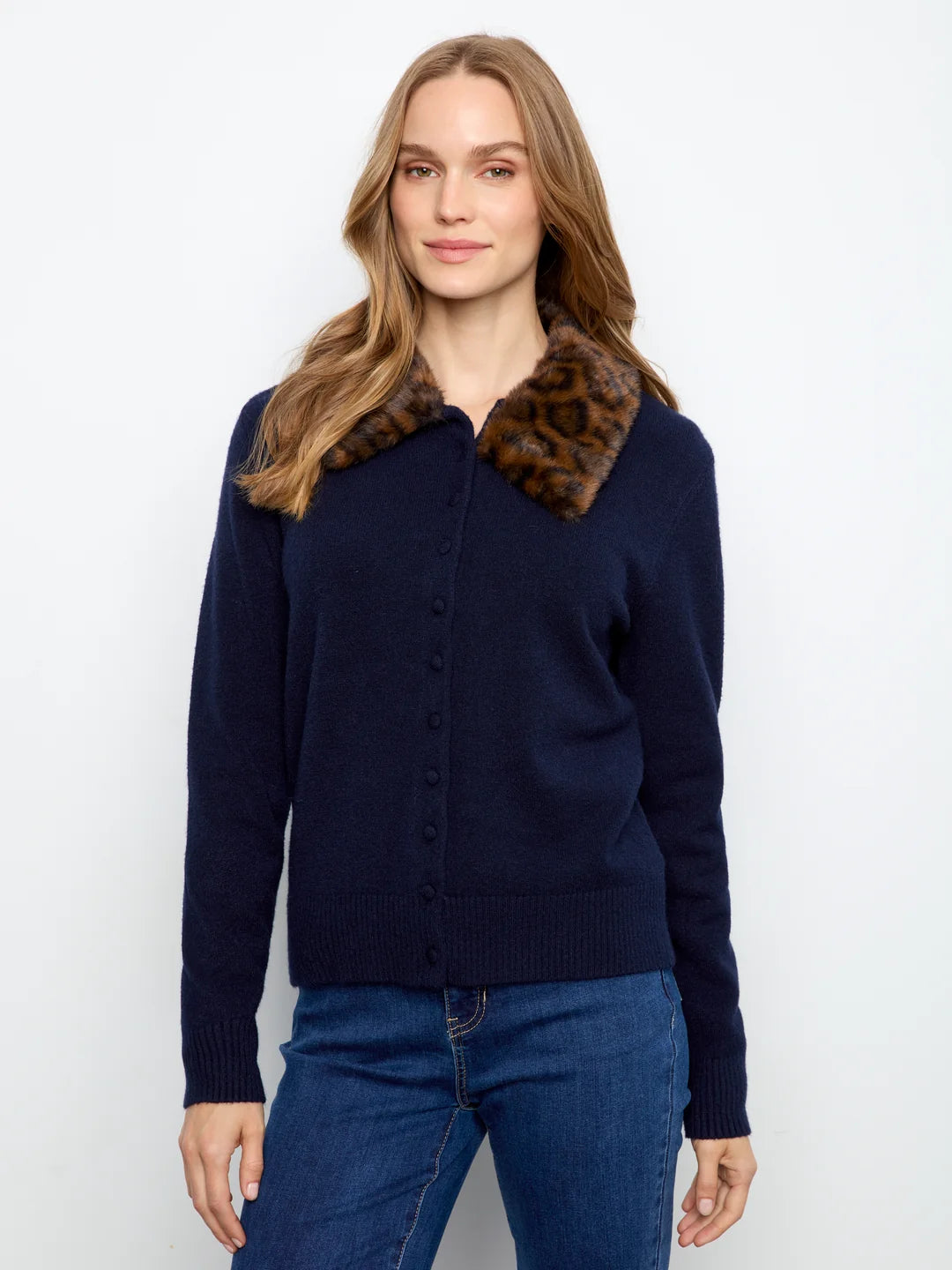 Plushy Button Up Cardigan with Faux Fur Collar C2138/736A 117 NAVY