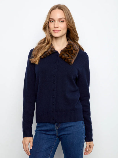 Plushy Button Up Cardigan with Faux Fur Collar C2138/736A 117 NAVY