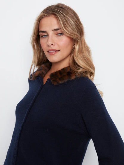 Plushy Button Up Cardigan with Faux Fur Collar C2138/736A 117 NAVY
