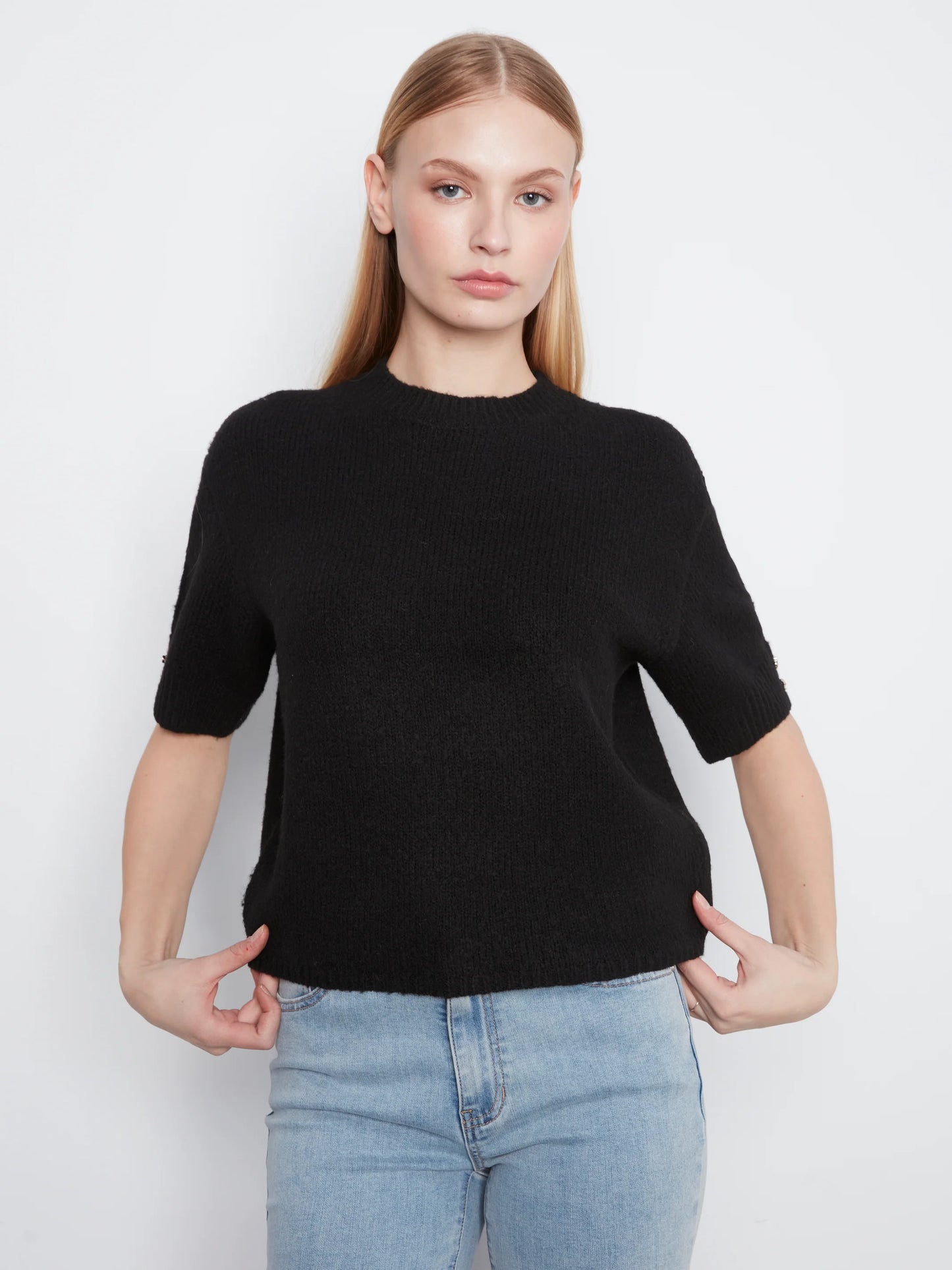 Elbow Sleeve Mock Neck Sweater With Buttons Detail At Cuff C2160-690C