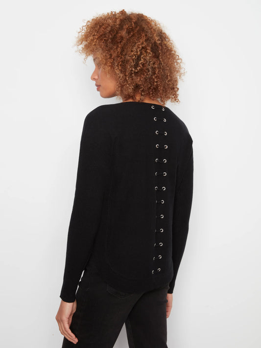 Long Sleeve Boat Neck Sweater with Eyelets Detail At Back C2170ZR/464A BLACK