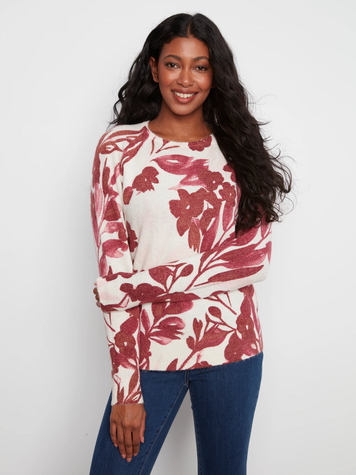 Reversible Printed Raglan Long Sleeve Crew Neck Sweater C2268YR-918A BLOSSOM