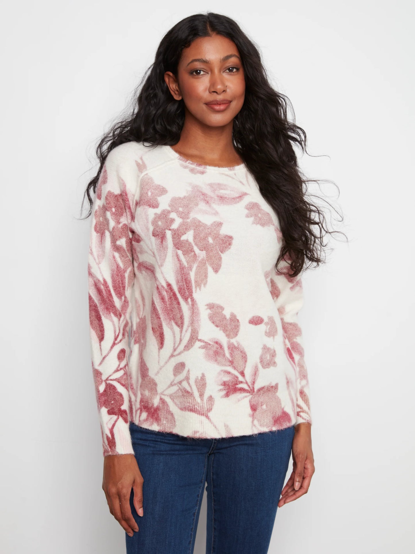 Reversible Printed Raglan Long Sleeve Crew Neck Sweater C2268YR-918A BLOSSOM