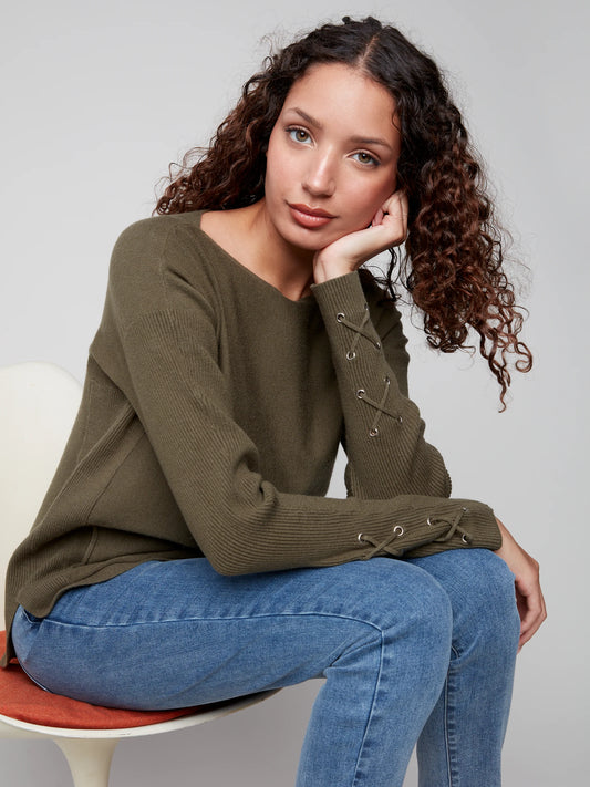 Charlie B Sweater w/Lace-up Cuffs  C2380Y s