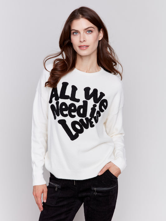 Crew Neck Sweater with Love Embroidery