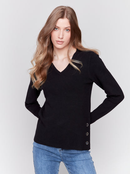 V-Neck Sweater with Grommet Detail