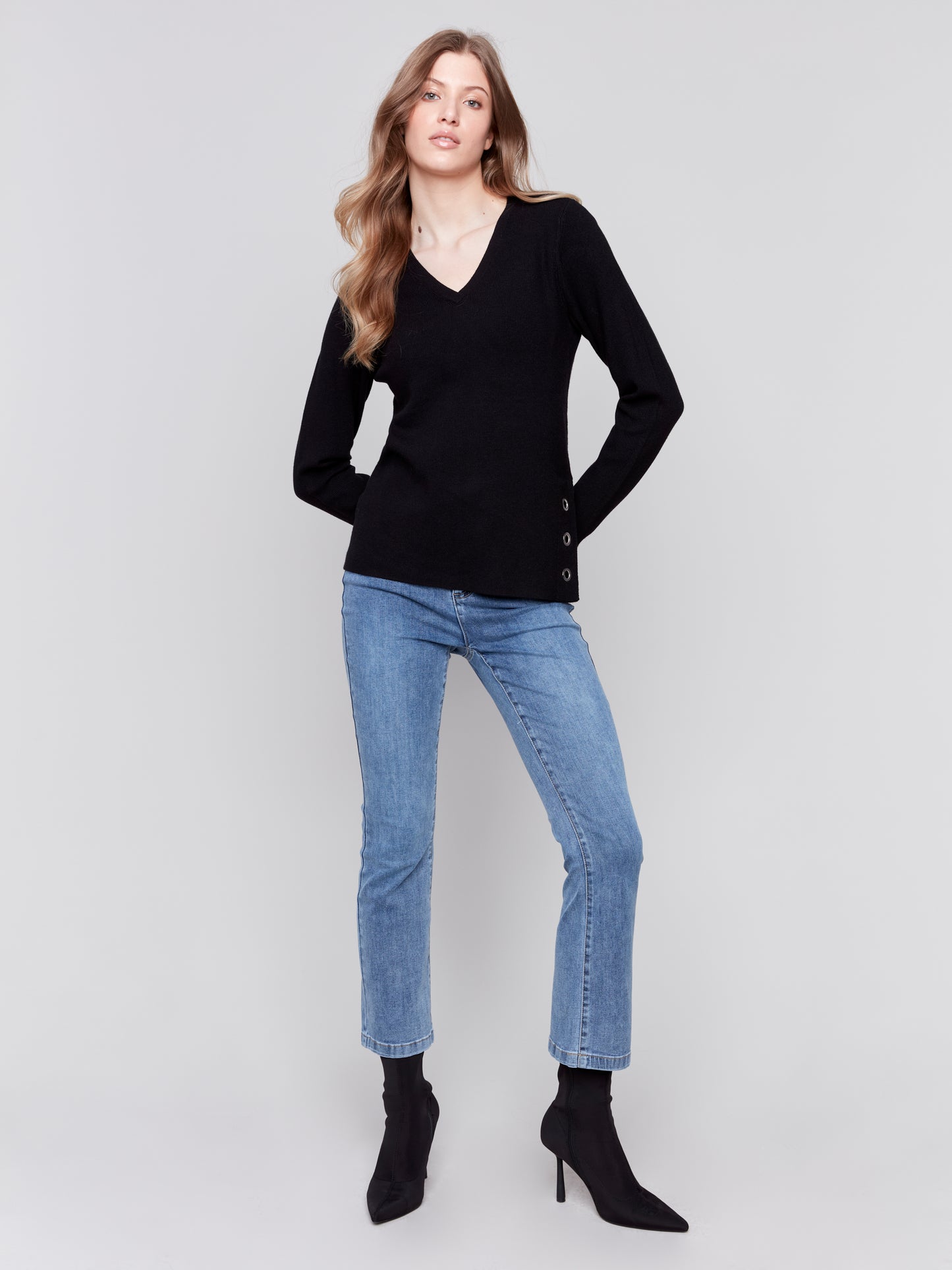 V-Neck Sweater with Grommet Detail