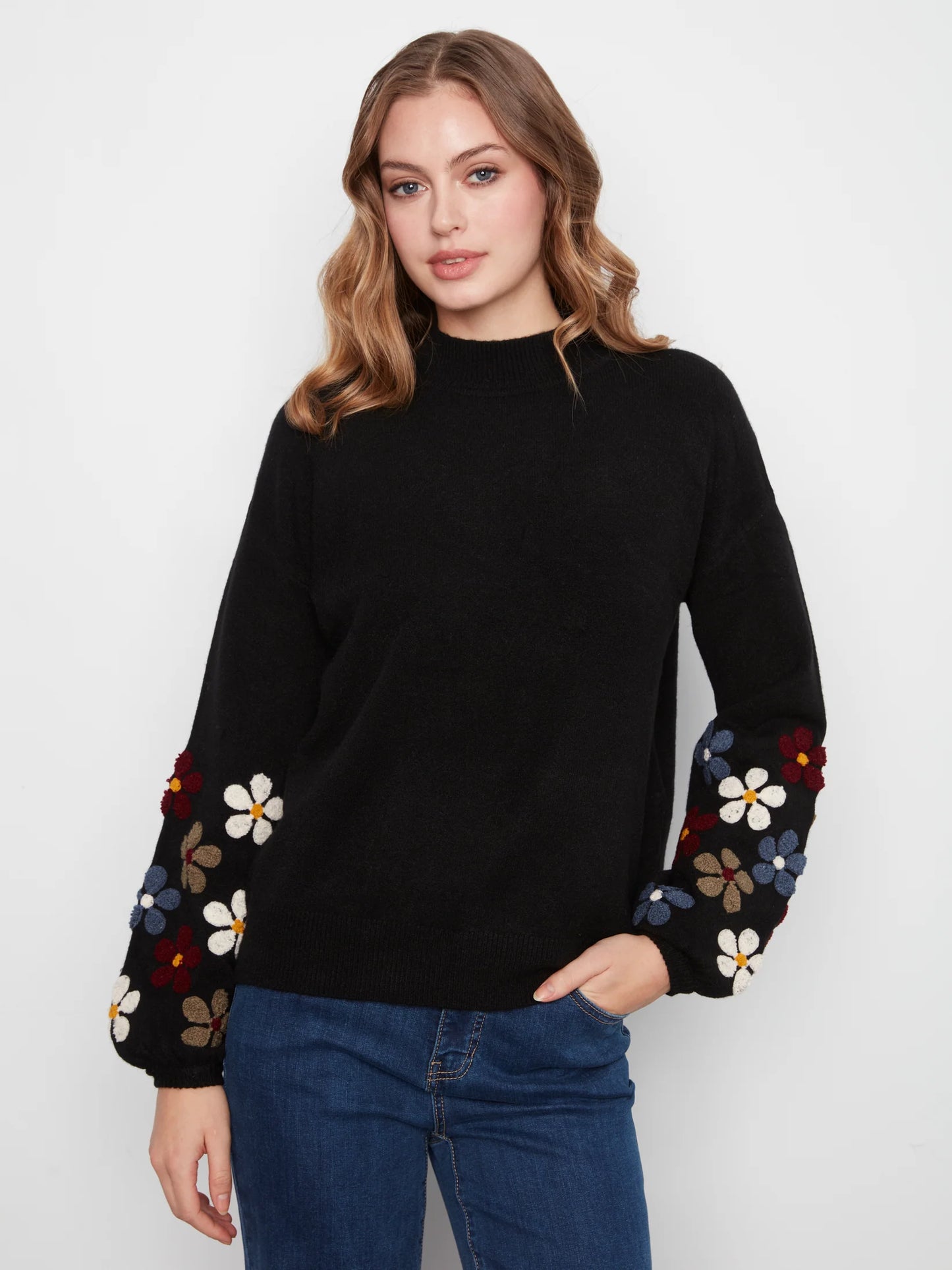 Neck Sweater w/Embroidery at Sleeves Black C2689RR-736A