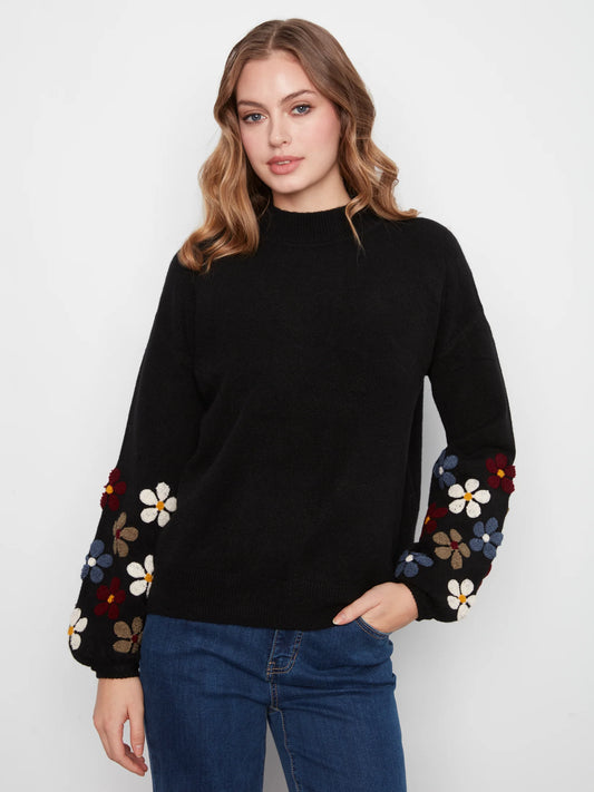 Neck Sweater w/Embroidery at Sleeves Black C2689RR-736A
