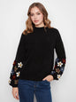 Neck Sweater w/Embroidery at Sleeves Black C2689RR-736A