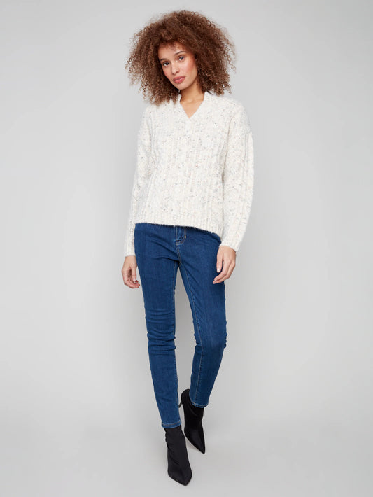 CHARLIE B C2729R/ 432C Notch Neck Yarn Sweater