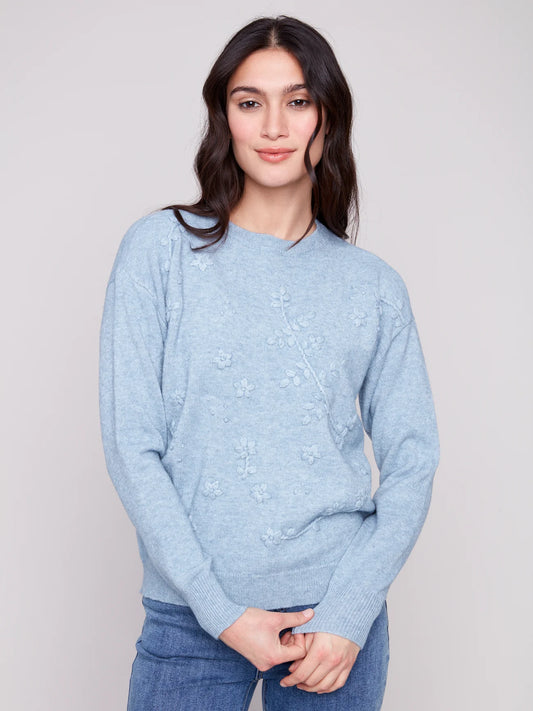 Crew Neck Sweater with Tonal Embroidery C2821