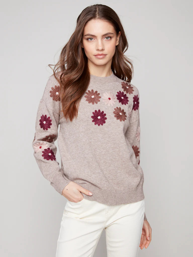 Charlie B Floral Embroidery Crew Neck Sweater C2891-912
