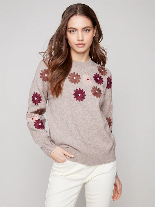 Charlie B Floral Embroidery Crew Neck Sweater C2891-912