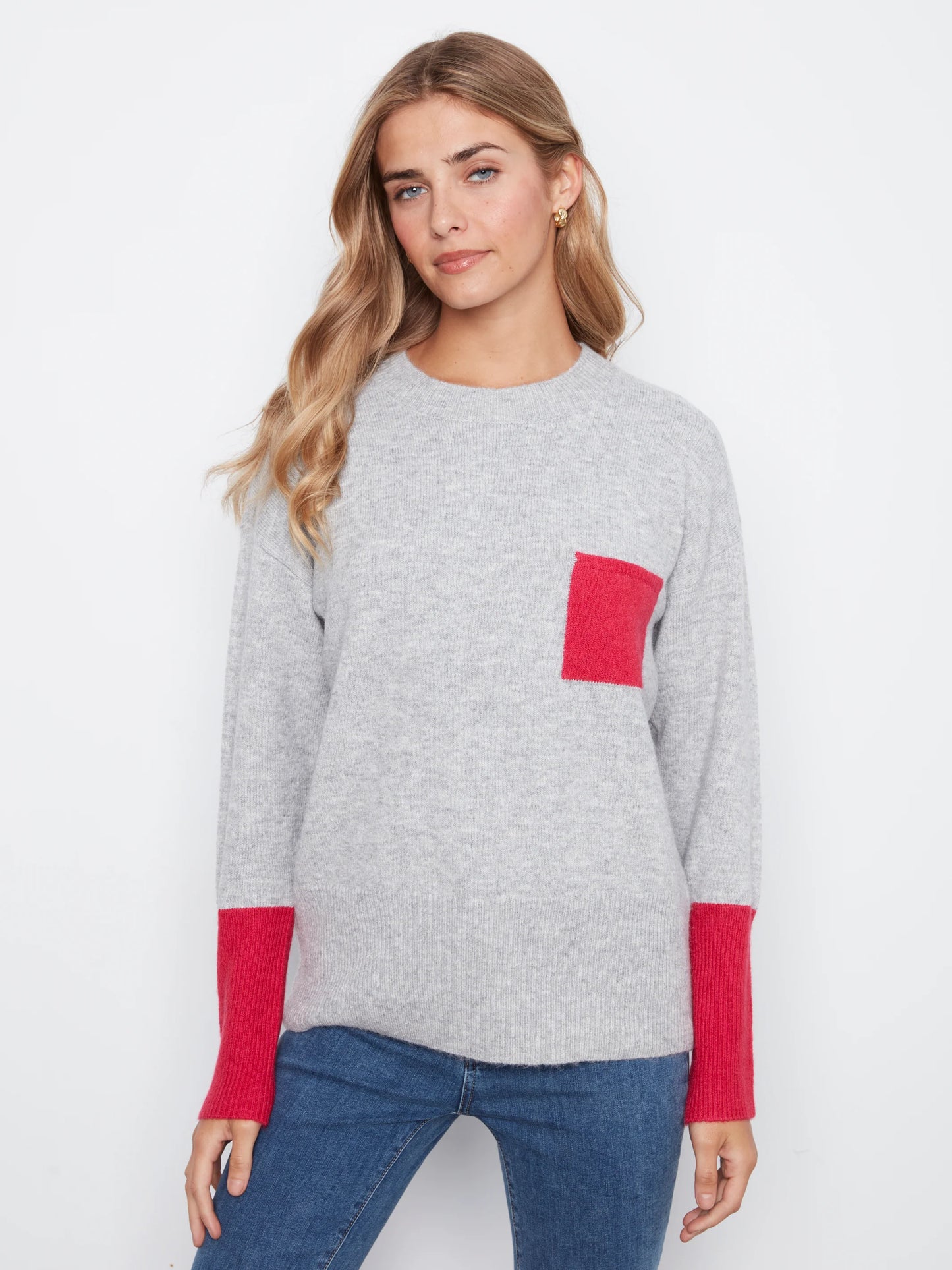 Long Sleeve Drop Shoulder Color Block Sweater With Chest Pocket C2928R-690C