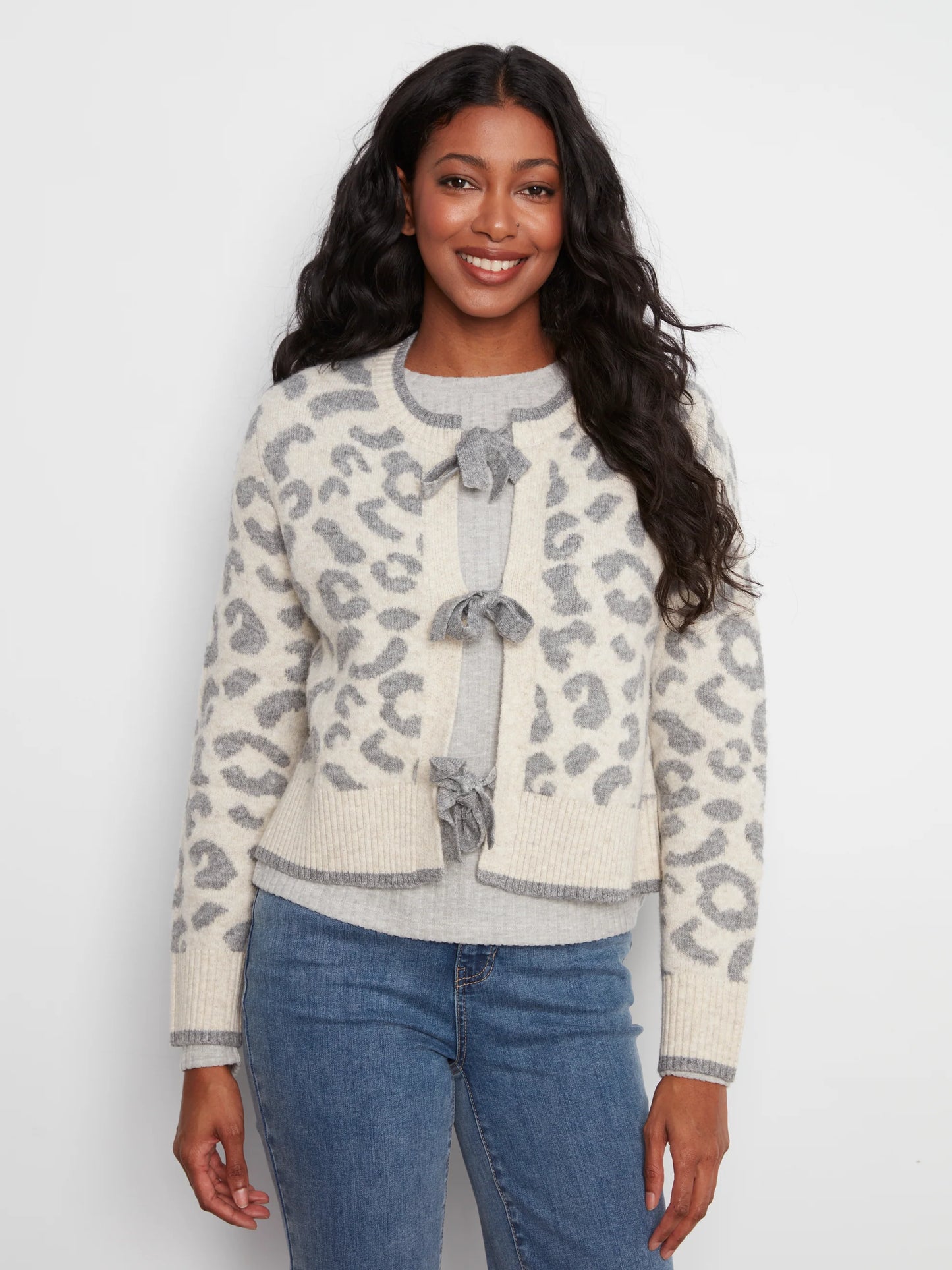 Bow Tie Front Leopard Sweater Cardigan GREY C2933RP-690C