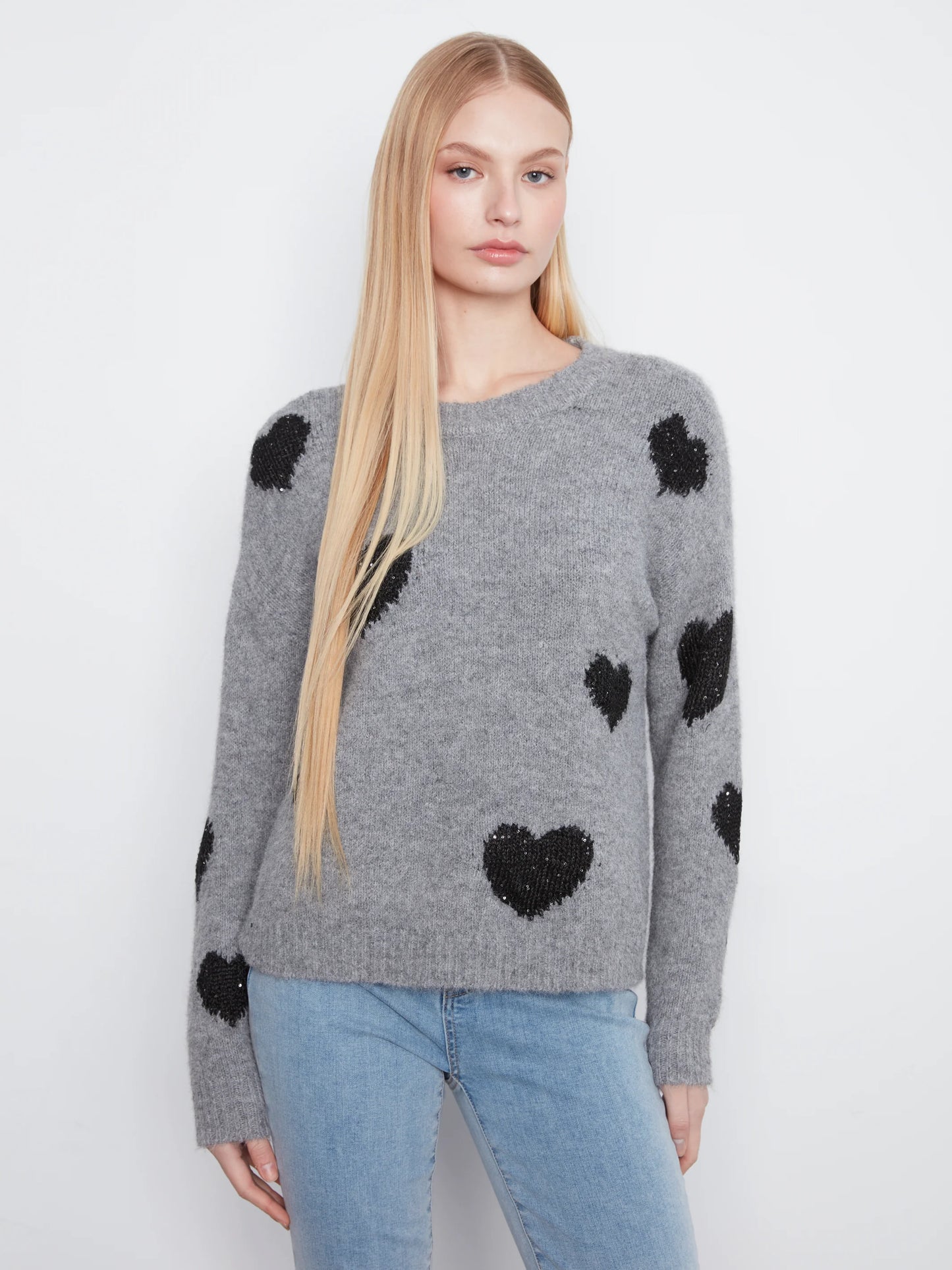 Drop Shoulder Crew Neck Heart Embroidered Sweater