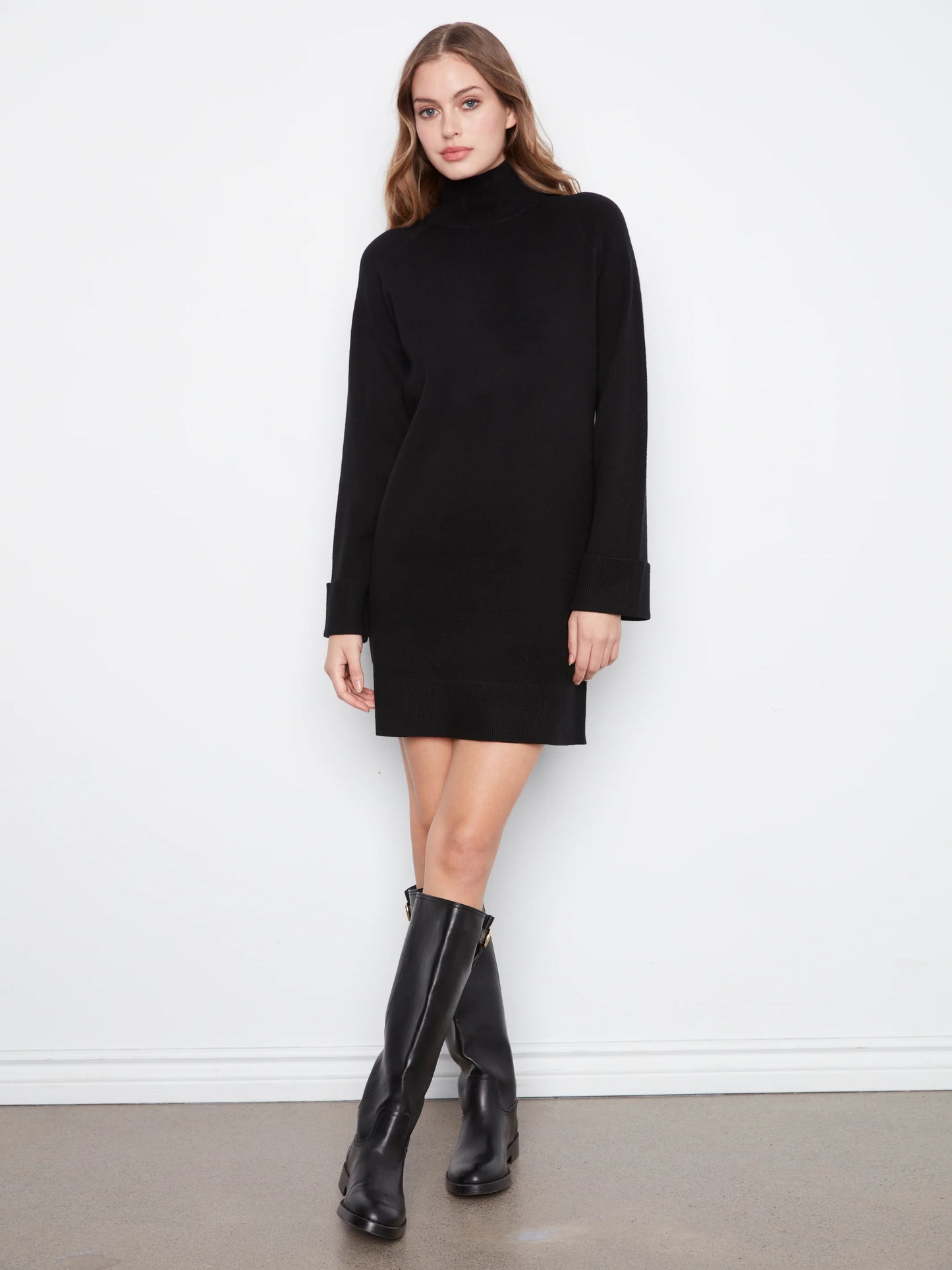 Long Sleeve Mock Neck Sweater Dress C3263-811C BLACK