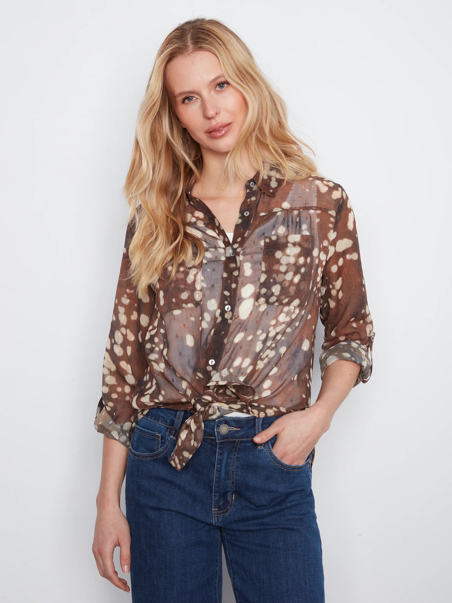 Long Sleeve Button Up Blouse with Front Tie C4308PP-335C