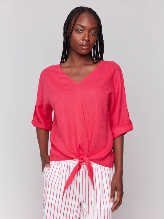 LINEN BLEND 3/4 SLEEVE TOP WITH FRONT TIE