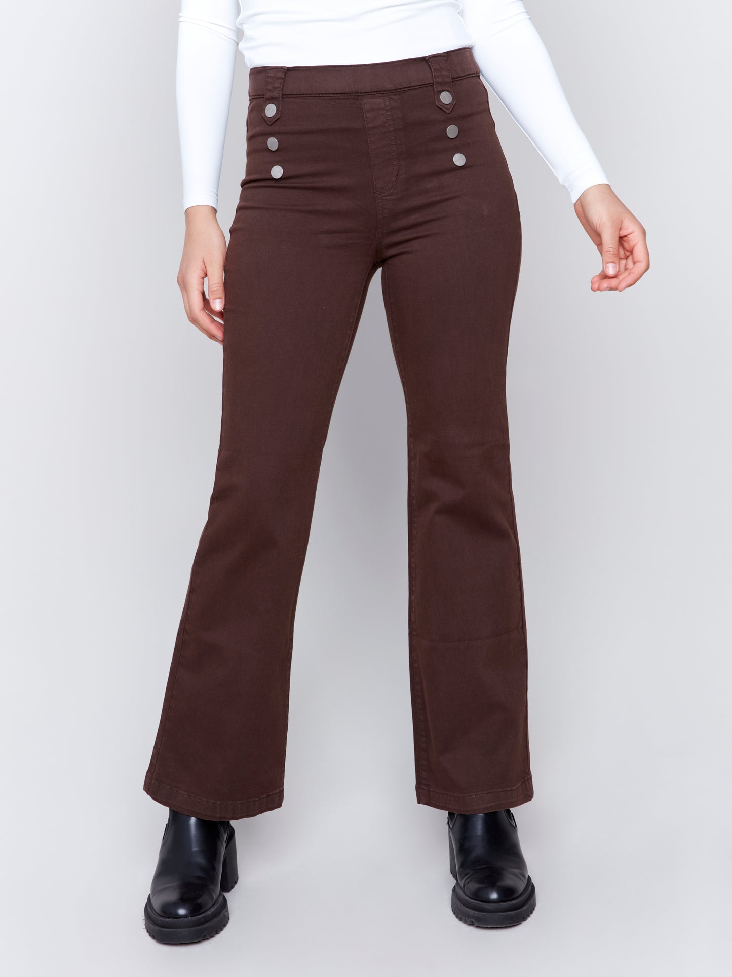 Pull-On Flare Twill Pants with Front Buttons