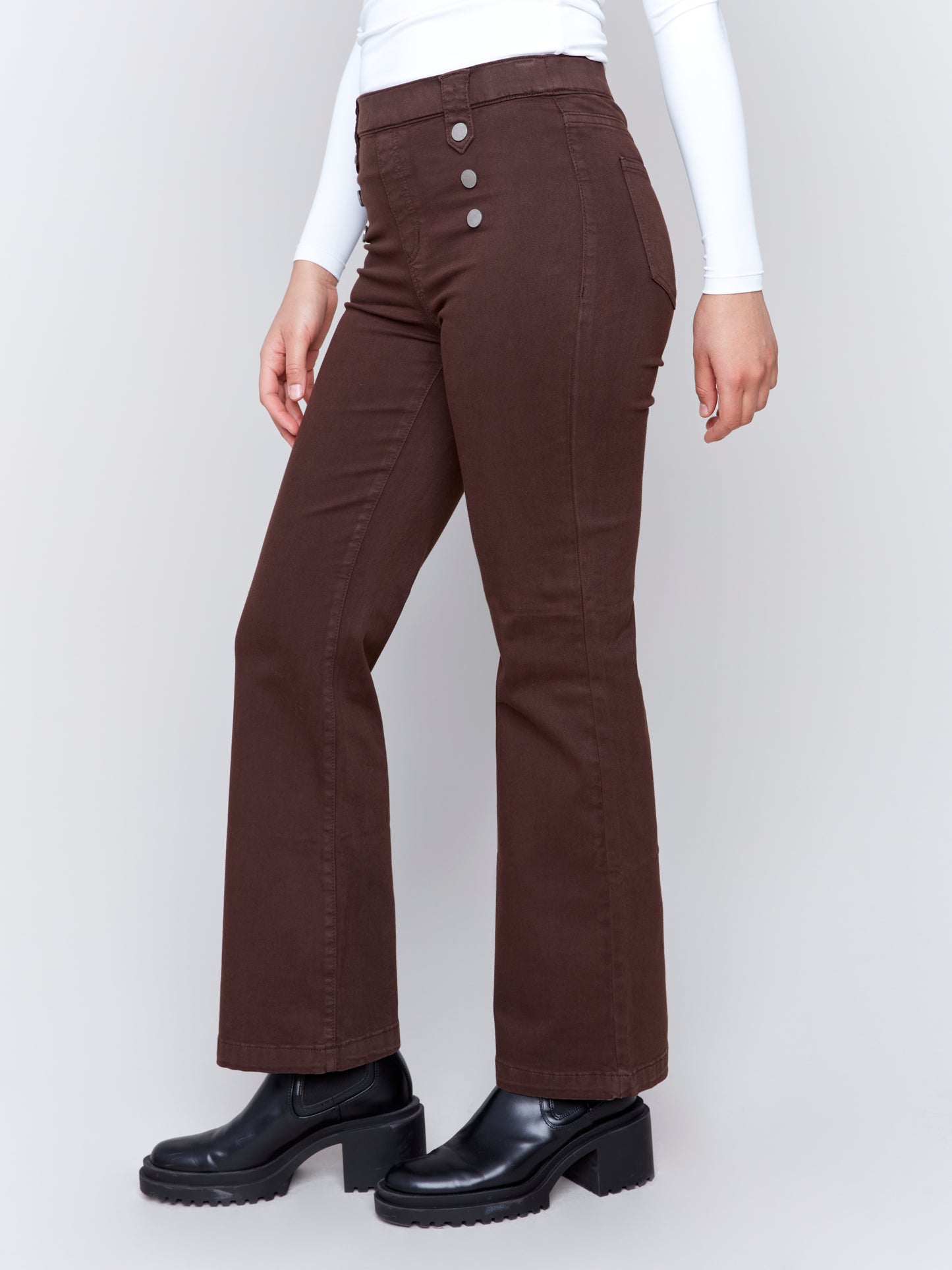 Pull-On Flare Twill Pants with Front Buttons