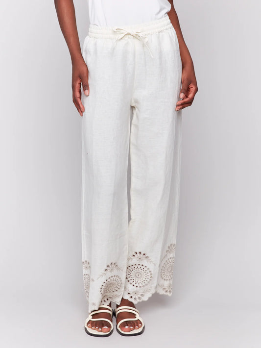 PULL-ON LINEN PANTS WITH EYELET EMBROIDERY