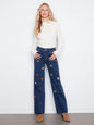 Wide Leg Stretch Denim Pants With Allover Suede Flower Patches C5665R-431A