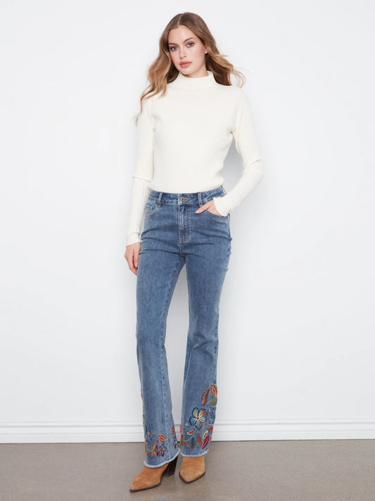 Flare Leg Stretch Denim Pants With Colorful Embroidery On Sides And Hem C5667R/431A