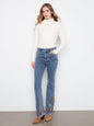 Flare Leg Stretch Denim Pants With Colorful Embroidery On Sides And Hem C5667R/431A
