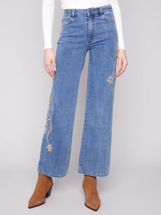 CHARLIE B C5669 FLOWER AND SEQUINS EMBROIDERED WIDE LEG STRETCH DENIM PANTS