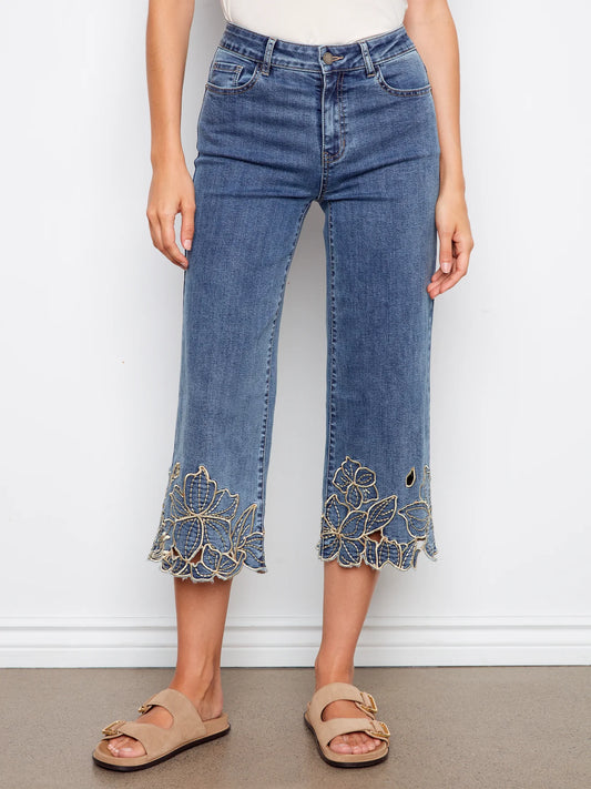 CROPPED WIDE LEG STRETCH DENIM PANTS WITH FLOWER EMBROIDERY C5765/431A