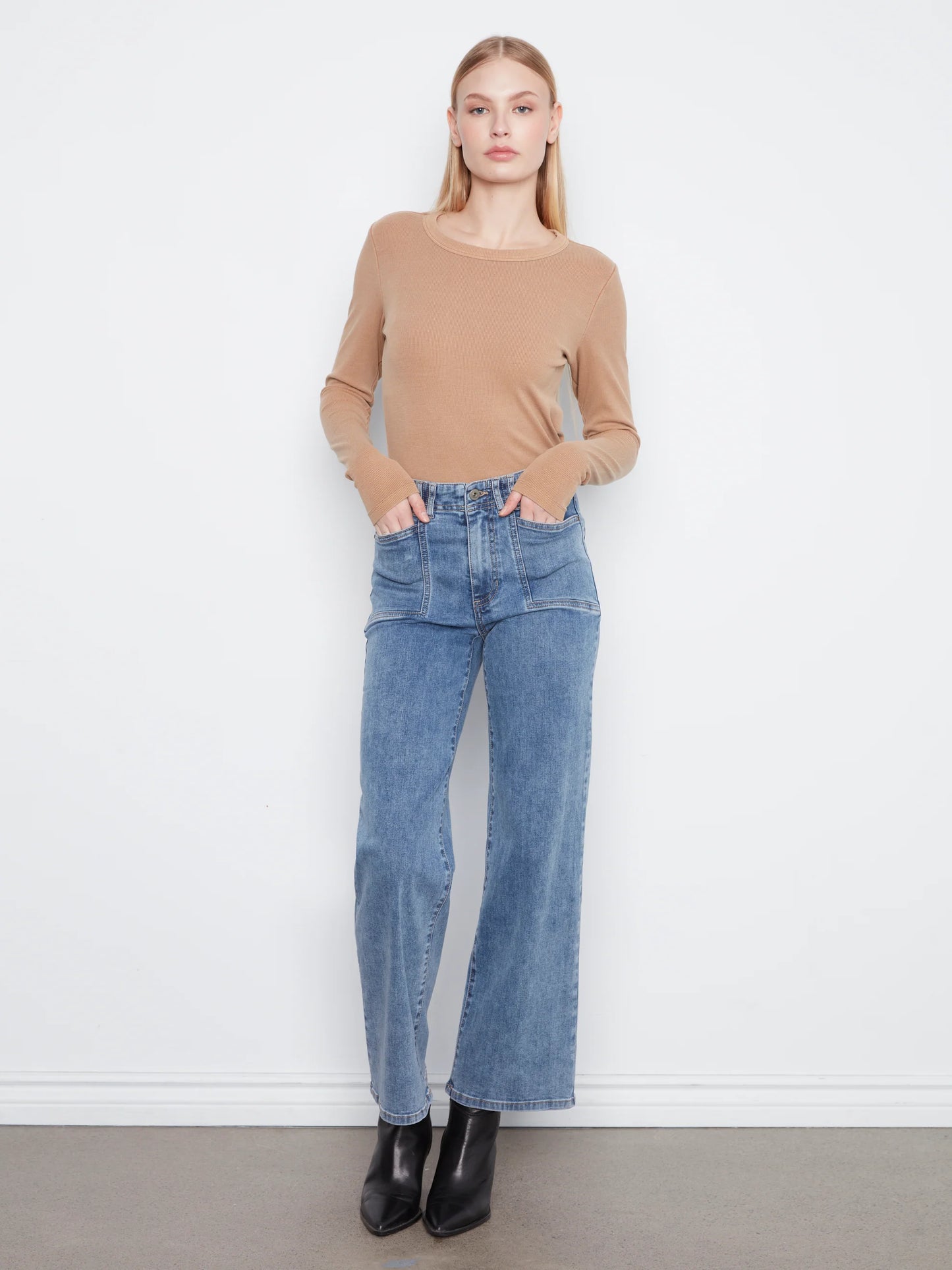Wide Leg Stretch Denim Pants With Patch Pockets C5790/431A MED BLUE