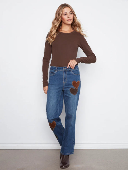 Straight Leg Jeans With Corduroy Heart Patches C5846-431A - Washed Indigo
