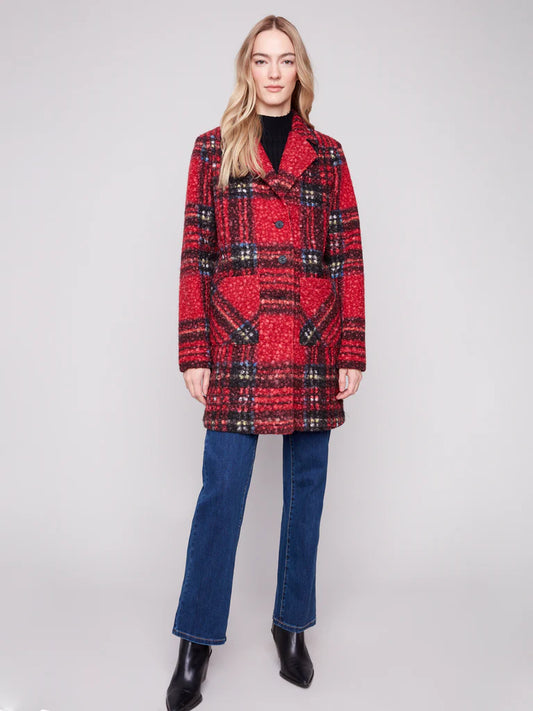 Charlie B Cranberry Plaid Boucle Jacket C6141Z
