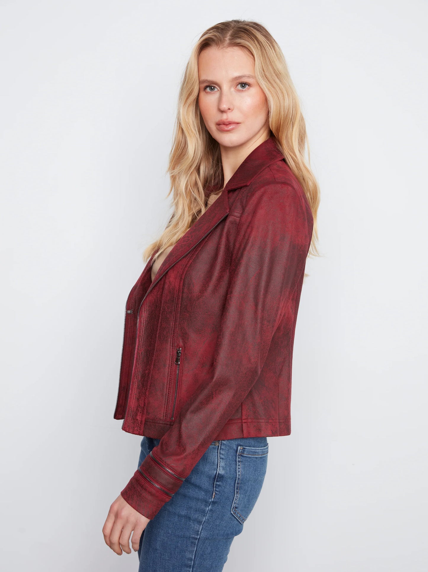 Vintage Faux Leather Moto Jacket c6231YR-869A MERLOT