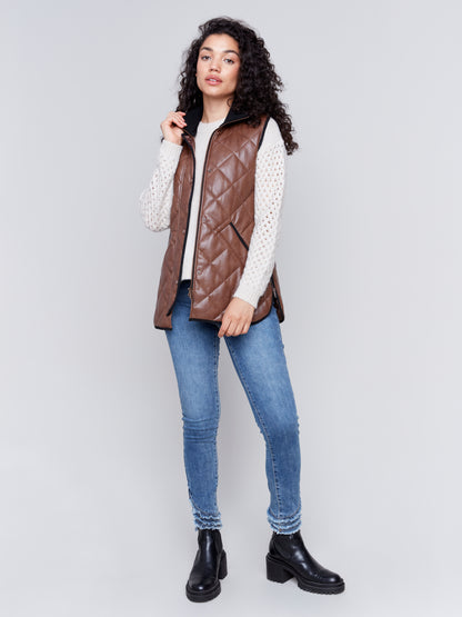 Long Quilted Faux Leather Vest