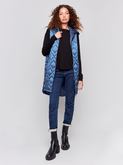 Long Quilted Puffer Vest with Hood