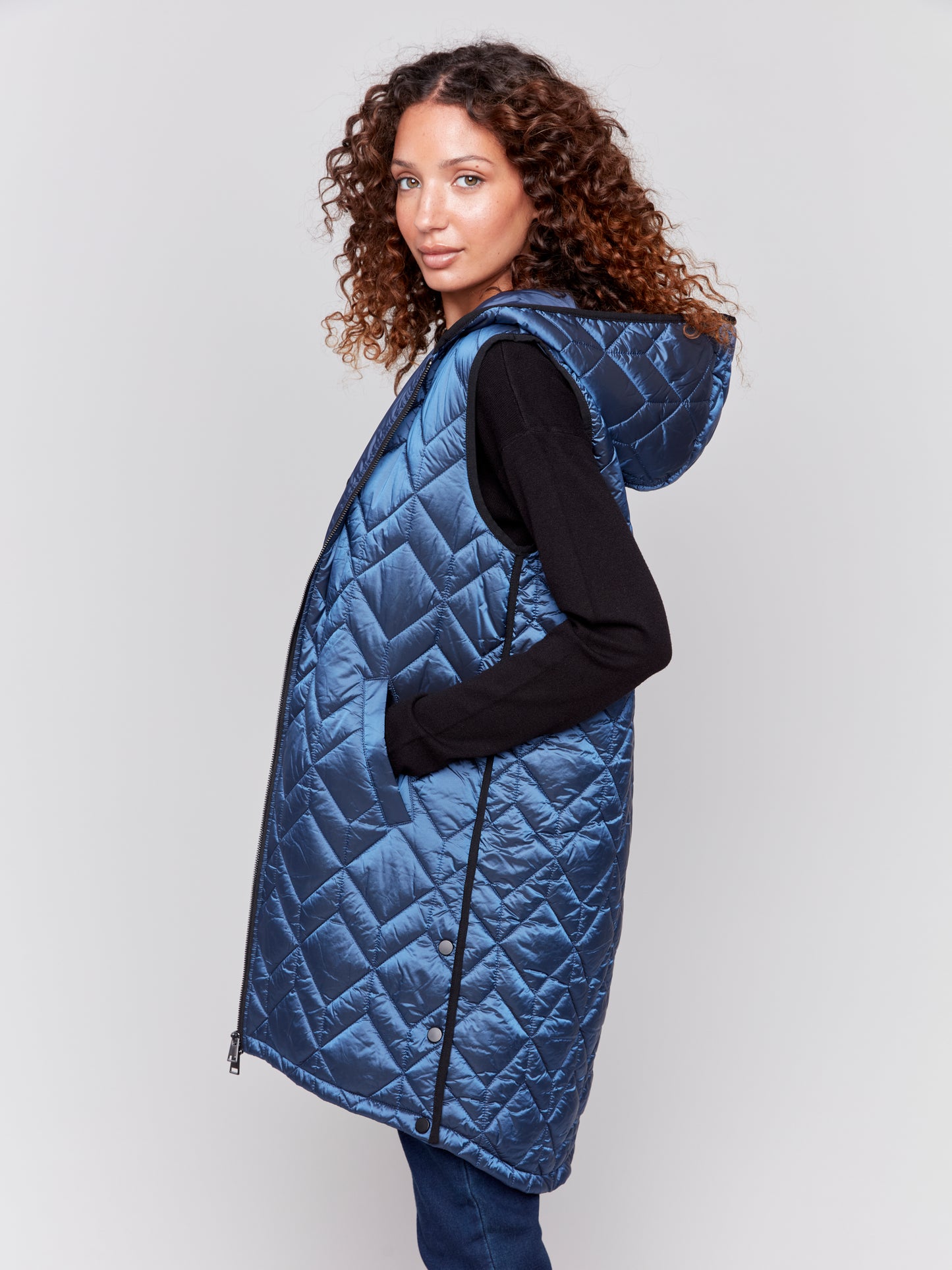 Long Quilted Puffer Vest with Hood