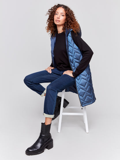 Long Quilted Puffer Vest with Hood