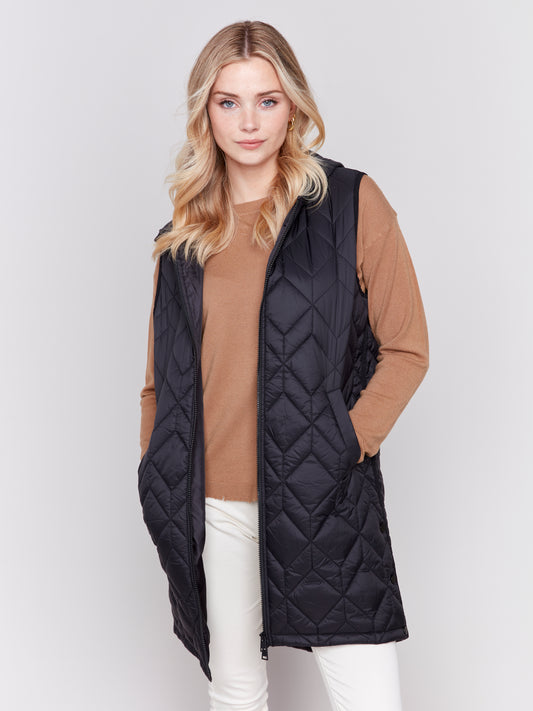 Long Quilted Puffer Vest with Hood