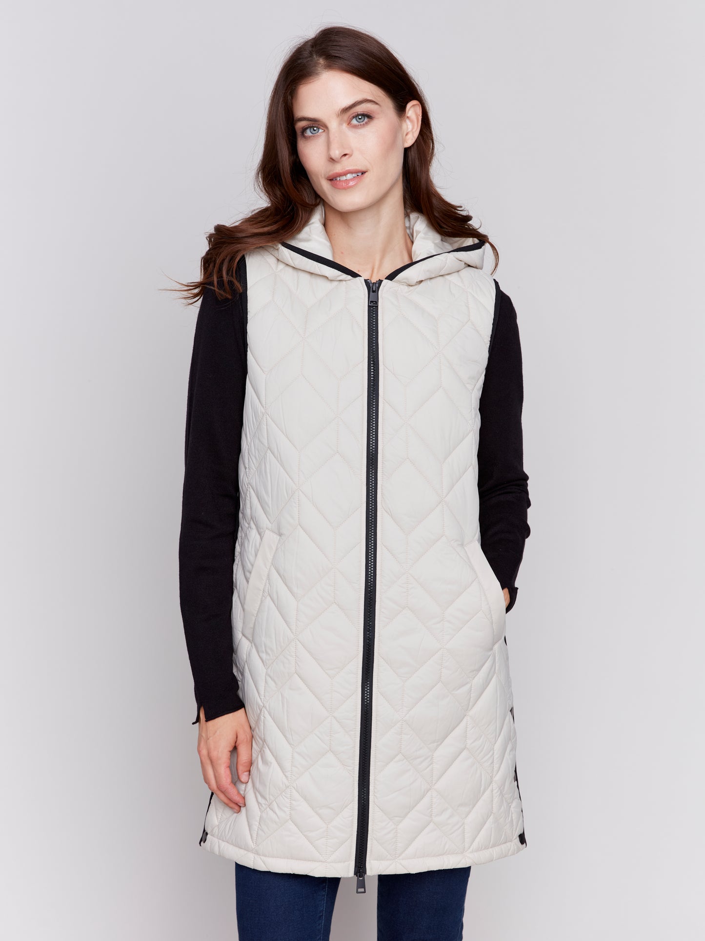 Long Quilted Puffer Vest with Hood